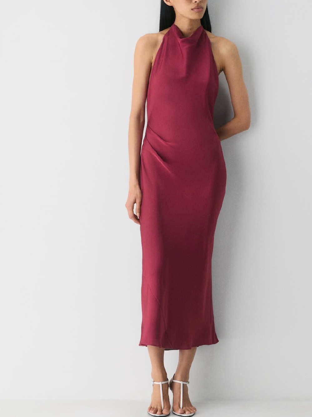 Aritzia Satin Halter Neck Midi Dress in Juicy Rose